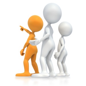 A single individual point to something in the distance while a group stand around looking.  This is a 3D rendered clip art image concept of vision or find a direction.