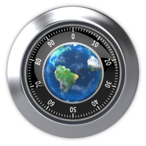This clip art image shows the world inside a safe lock.  This image displays a concept of world security, protection and safekeeping.