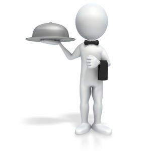 A 3d stick figure dressed as a waiter.  He wear a black formal bow tie and is holding a polished silver serving platter.  A concept clipart of service.