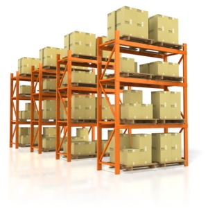 A set of four warehouse racks hold pallets of boxes