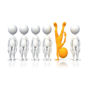 A orange stick figure stands out from the crowd.