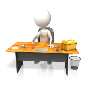 A stick figure behind a desk reaches out its arm for a hand shake.