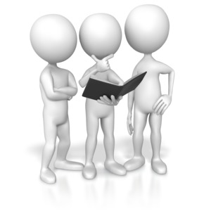 In this image three stick figures look over documents inside a black binder.