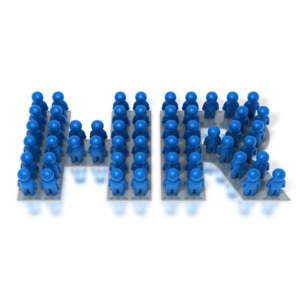 The letters HR are covered with a large group of people signifying a pool of employees or managing human resources in a company.
