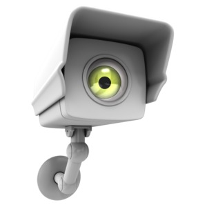 An image of a surveillance camera with an eyeball in the middle referencing big brother is watching.