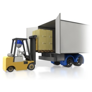 A stick figure driving a forklift loads a pallet of boxes into the back of a semi trailer.