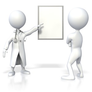 A doctor stick figure points to a blank chart as a patient figure looks on.