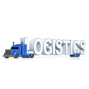 A semi truck hauls a load spelling out the word logistics.