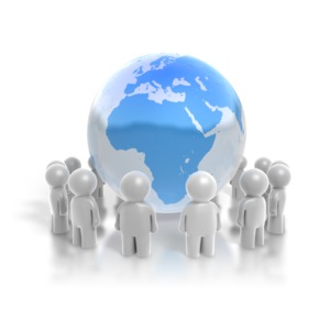 A circle of 3D stick figures surround the earth in this piece of presentation clipart.