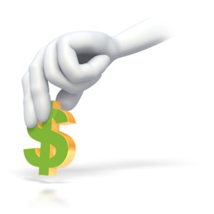 A hand holds a dollar sign in its fingers.