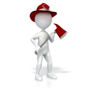 A 3D stick figure holding a fireman&#039;s axe and wearing a fireman&#039;s helmet. 