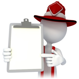 A fireman points to a blank chart in this 3D clipart.  You can add you own text to the clipboard using PowerPoint or another software application.