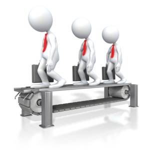 This clip art shows three business stick figures walking on a conveyor belt.  Can display a concept of being controlled or stuck in repetition not being able to move forward.