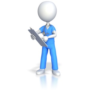 A stick figure nurse, doctor or surgeon writes on a clipboard. 