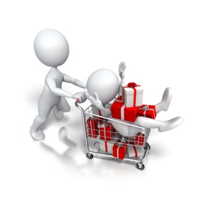 An image of two stick figures shopping with a cart full of presents.