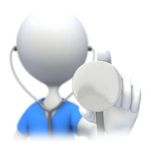 A stick figure nurse or doctor listens with a stethoscope.