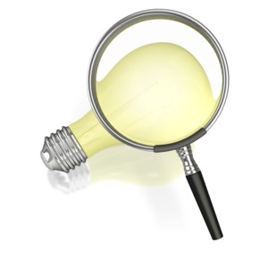 This clip art image shows a magnify glass magnifying a light bulb.  Use this magnify glass image to display a concept of discovering ideas, solving a problem, or searching for a solution. 