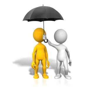An image of a stick figure with an umbrella covering an orange stick figure. This image is symbolic of protection and insurance.
