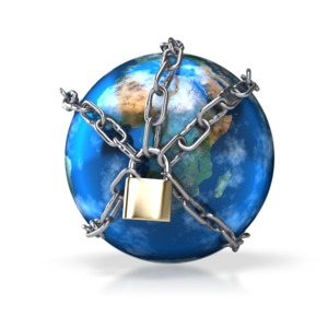 A 3D clip art image of the earth wrapped in chains locked together with a padlock.  A concept of Internet safety or protection.  It could also be used as a metaphor for the earth held hostage or in prison.