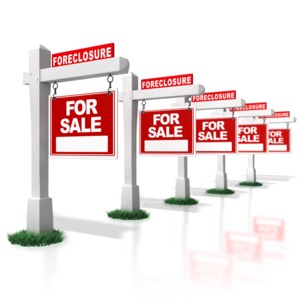 A row of for sale signs with bank foreclosure signs on top.