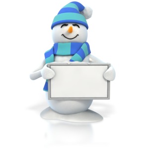 A snowman bundled in a scarf and stocking hat holds up a blank sign.