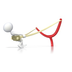 A stick figure sits in a sling shot ready to be launched.