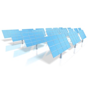A group of solar power panels absorb energy from the sun and convert it to green energy.