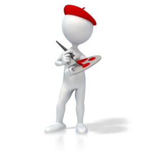 A 3D stick figure stands with a paint brush and a paint palette.  A concept of design and creativity.