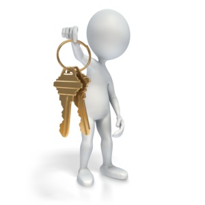A set of golden keys are offered by a 3D stick figure in this concept clipart of granting access or giving permission.