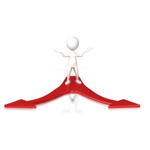 A 3D stick figure stands at a crossroads trying to choose between two paths.  A concept of choice or the need to make a decision.
