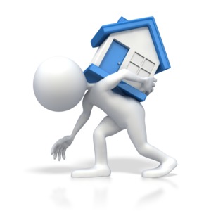 A stick figure homeowner carries a heavy burden of a house on its back.  This clip art image displays a concept of real estate debt, real estate mortgage and and stress of being a homeowner.    