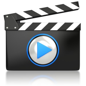 This clip art image shows a movie action clap board with a media play button inside it.