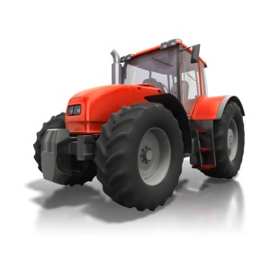 An angled image of a red tractor.