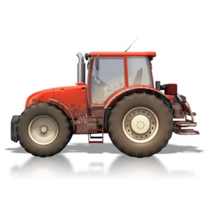 A side image of a dirty red tractor.