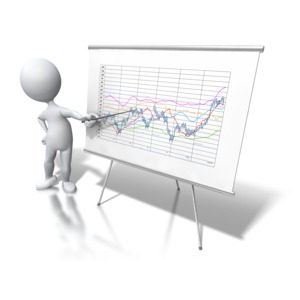 An image of a stick figure presenting graphical data on a display board.