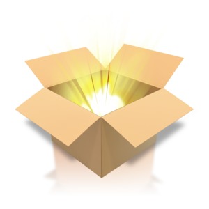 An angled image of a brown cardboard box with a bright light coming out.