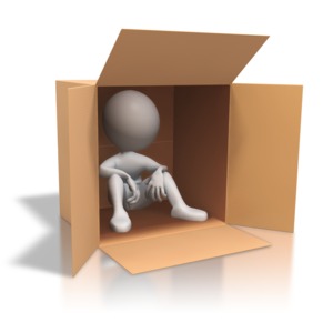 An image of a stickman inside of a cardboard box.
