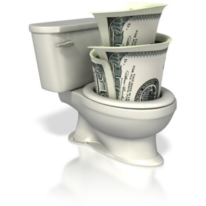 This image shows money being flushed down the toilet.  