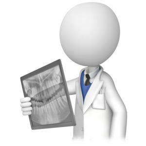 A stick figure dentist looks over an x-ray of the mouth. 