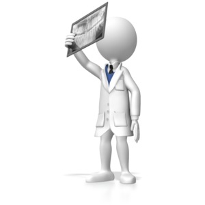 A stick figure dentist examines a x-ray of the mouth. 