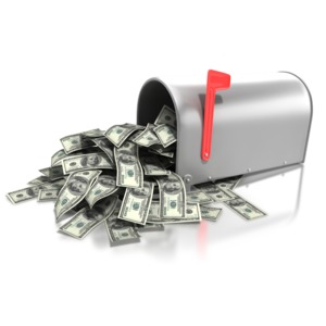 An image of a mailbox with 100 dollar bills flowing out.