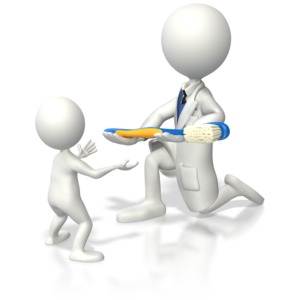 A dentist stick figure gives a toothbrush to a kid stick figure.