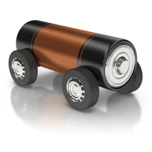 A battery on wheels representing an electric vehicle and alternative fuel source.