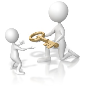 An older stick figure hands over a golden key to a younger stick figure.  This clip art displays the concept of accepting an inheritance, being succeeded,  giving knowledge or wisdom and granting possession. 