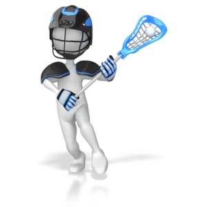A stick figure lacrosse player is on the attack, wound up and ready to score.