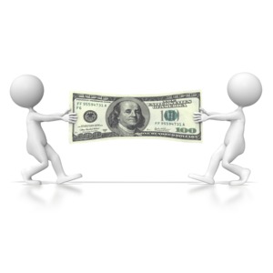 Two stick figures pull on each end of a dollar bill trying to gain ownership.