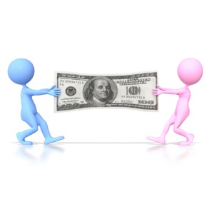 This clip art shows a female and male stick figure fighting over money.  
