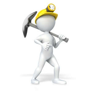 A 3D stick figure stands proudly holding a pick axe and wearing a miners hardhat with lamp.