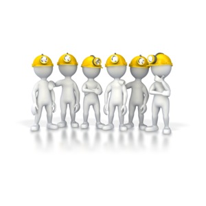 A group of 3D stick figures wearing mining helmets.