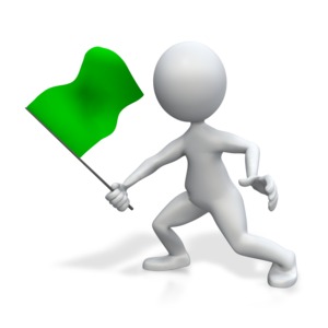 A 3D stick figure holds a green flag.  This is a concept of starting a race or to indicate the beginning of a project, or to give a &#039;GO&#039; signal.  The flag&#039;s color can be changed by using the HUE slider in our customizer.